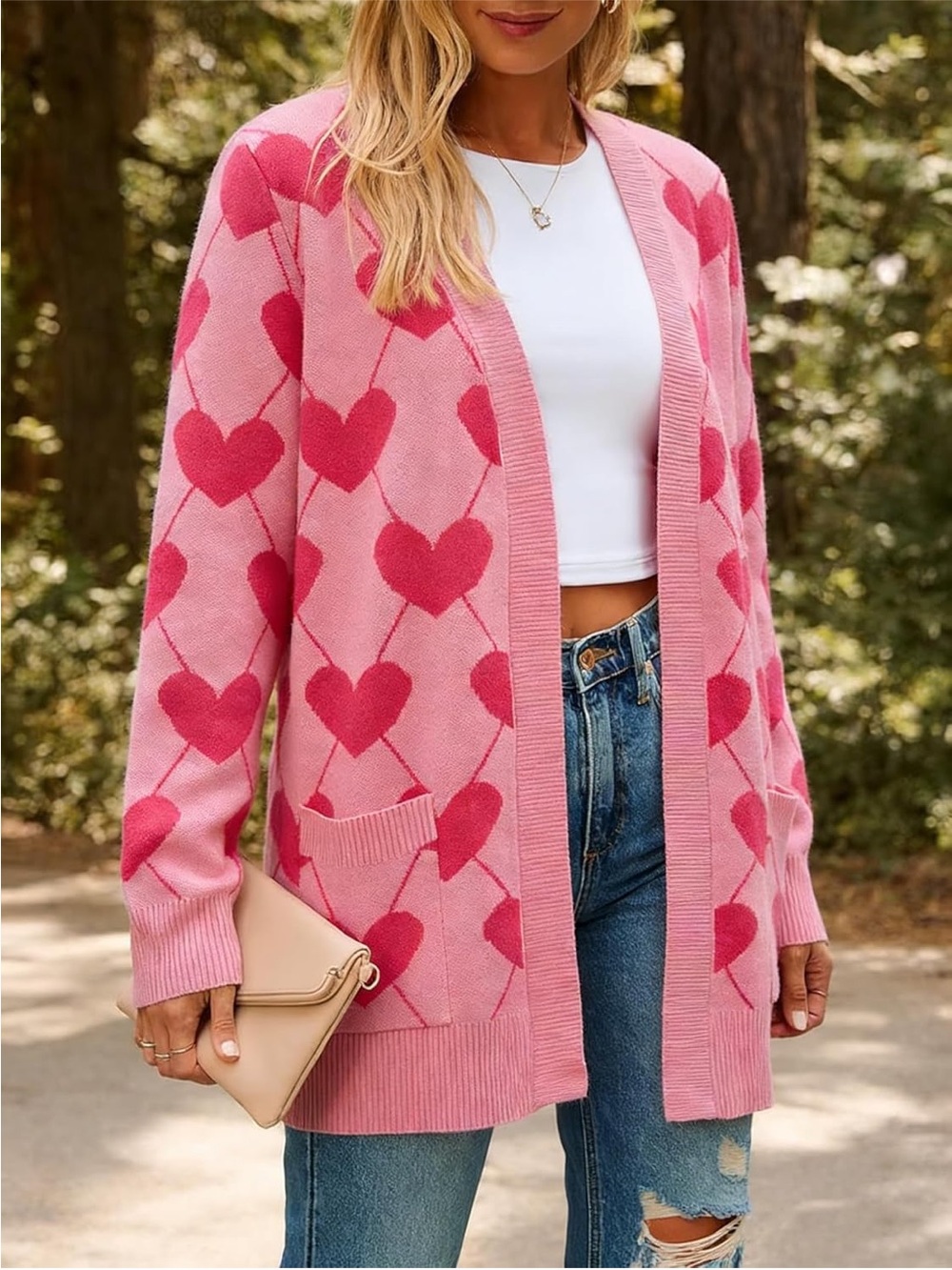 Pink Heart Pattern Open-Front Cardigan